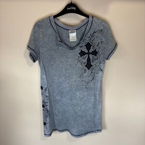 Vocal Women’s Embellished Cross Grey Fitted Graphic Short Sleeve Tee